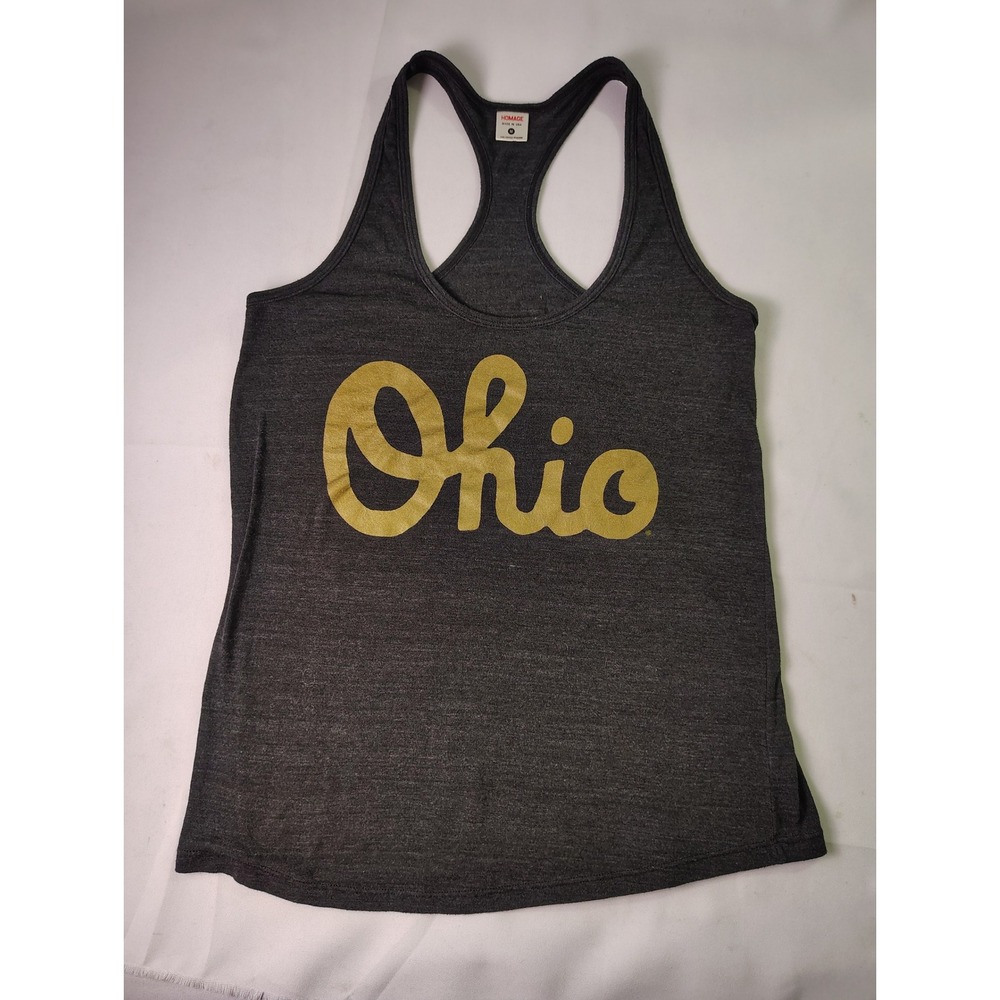 Homage Ohio Script Racerback Tank Top Womens Medium Charcoal Gray Gold USA Made